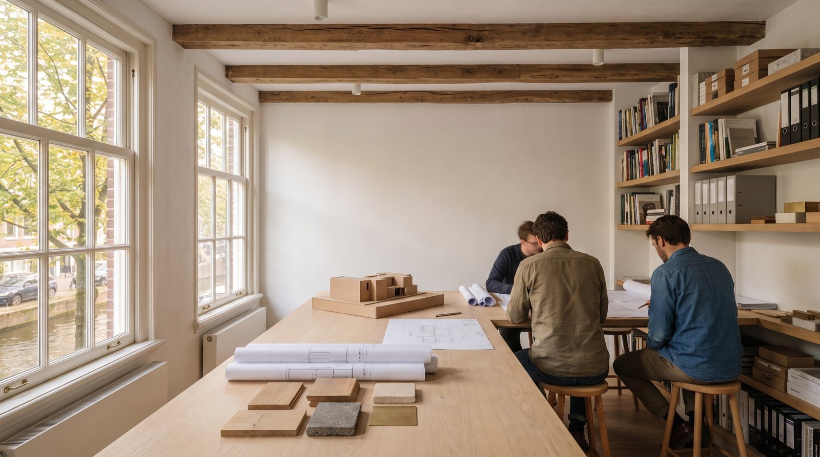 The NOVA Living studio: three people at a long oak table with drawings and material samples, canal light through tall windows