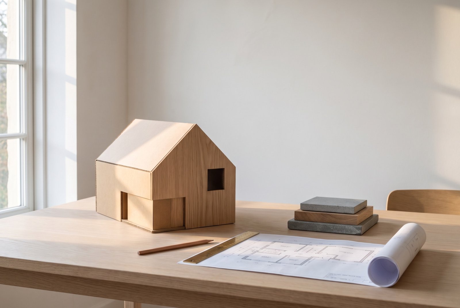 Cardboard model of a gabled house on the studio table with floor plans and samples