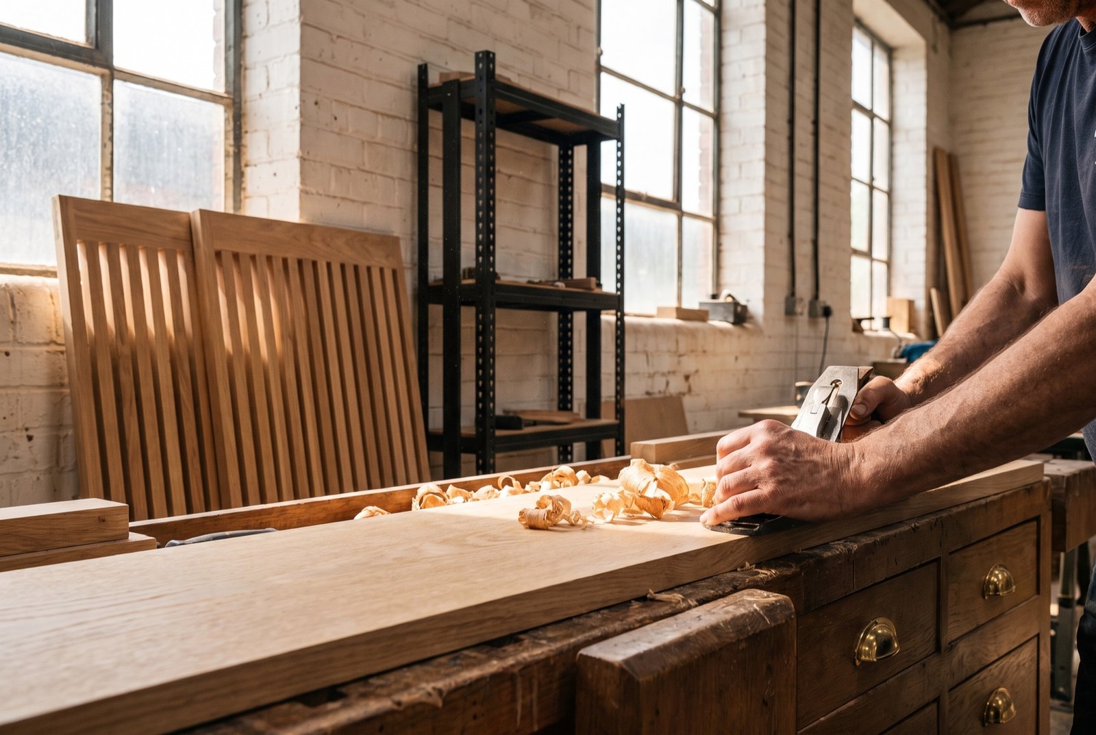 Hands planing a wide oak board in the NOVA Living workshop