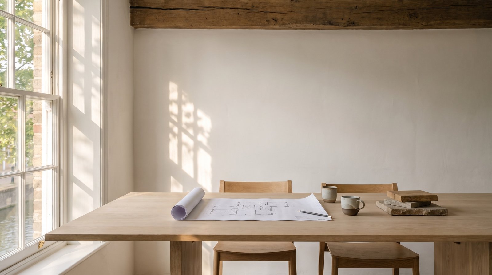 An oak studio table with a floor plan, two cups of coffee and material samples in afternoon light
