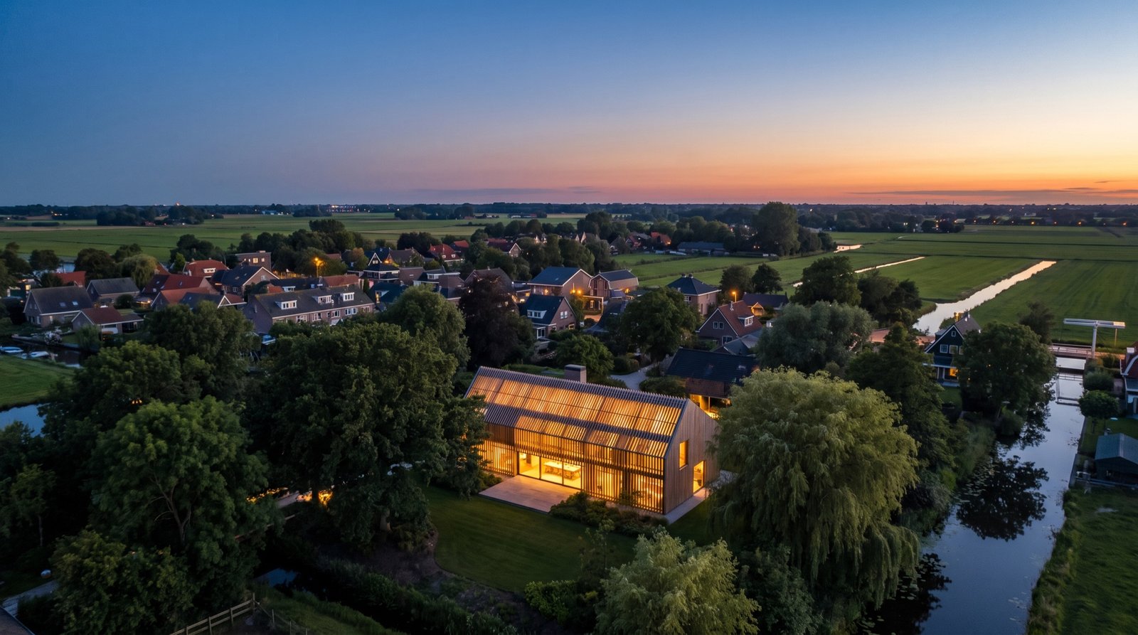 Aerial view at dusk over a modern villa with a slatted oak facade among old trees