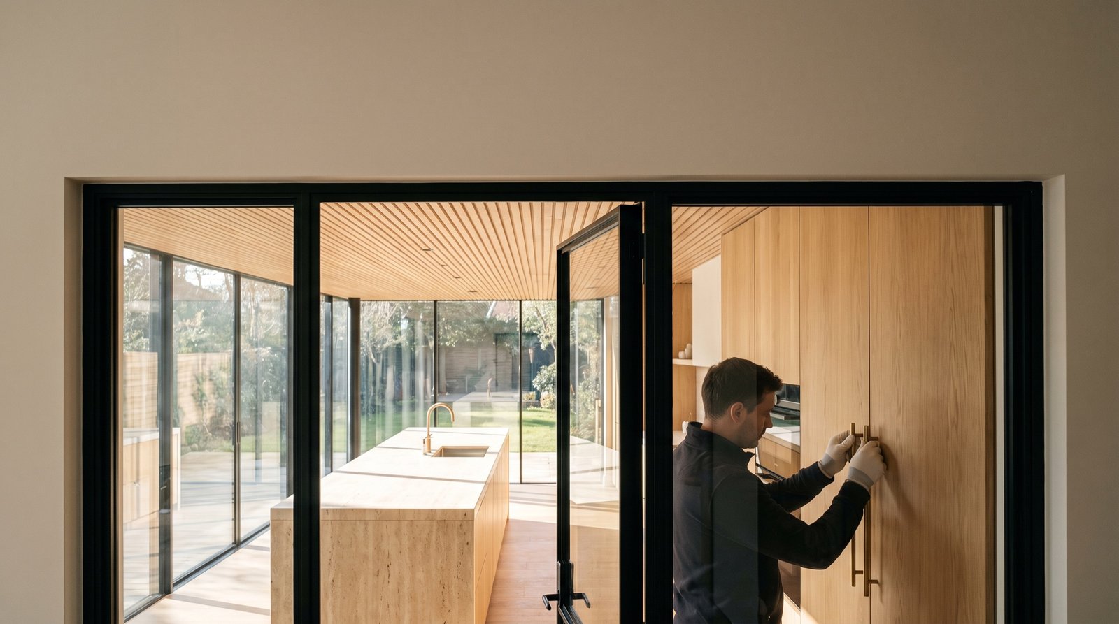 A joiner fitting a brass handle to an oak cabinet in a finished kitchen