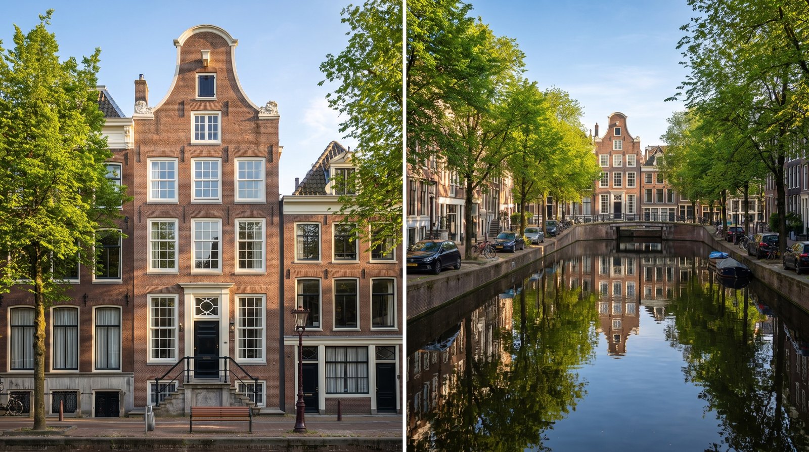 Restored 1685 canal house on the Herengracht in late afternoon sun