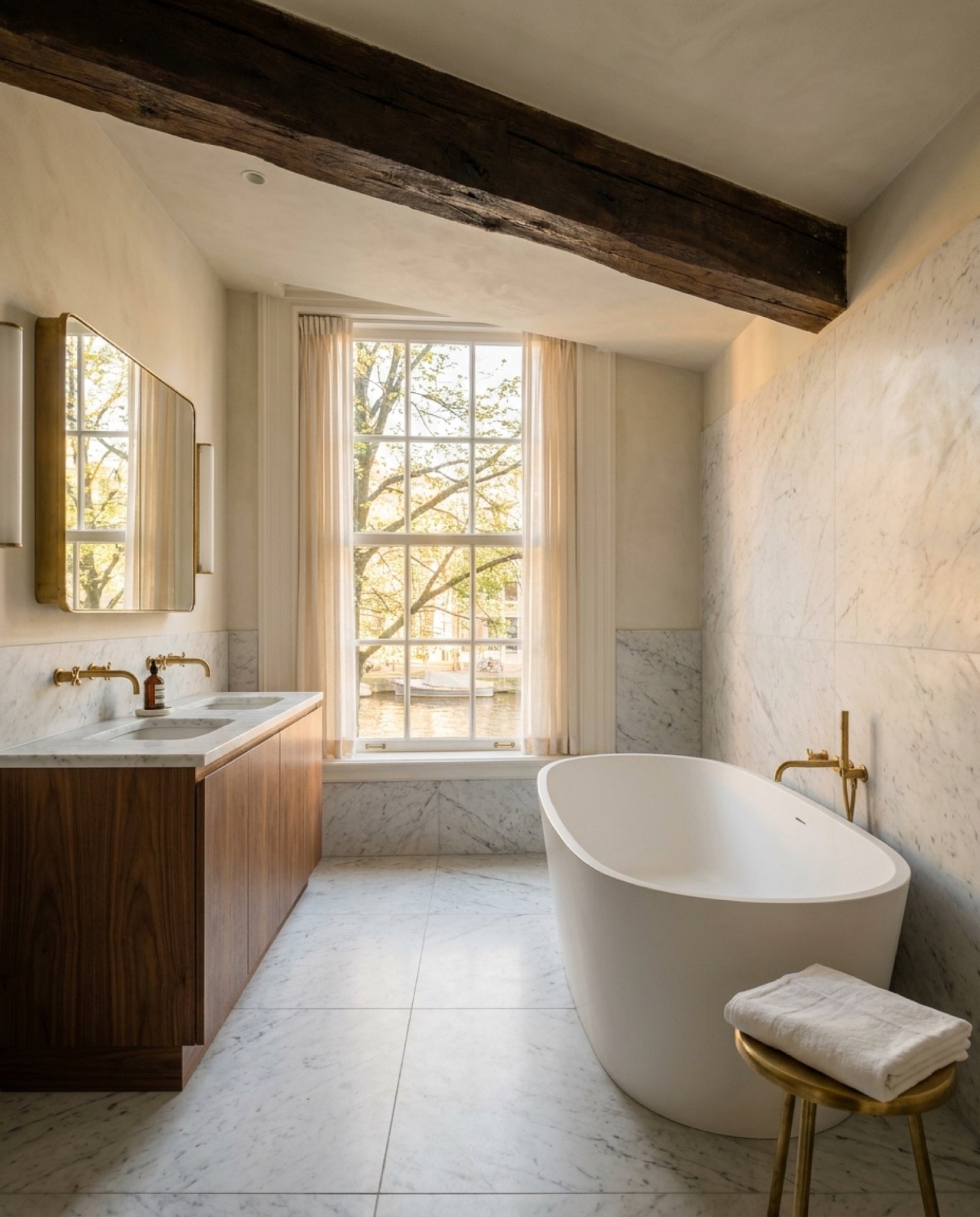 Bathroom in Carrara marble with a walnut vanity, brass taps and a sash window