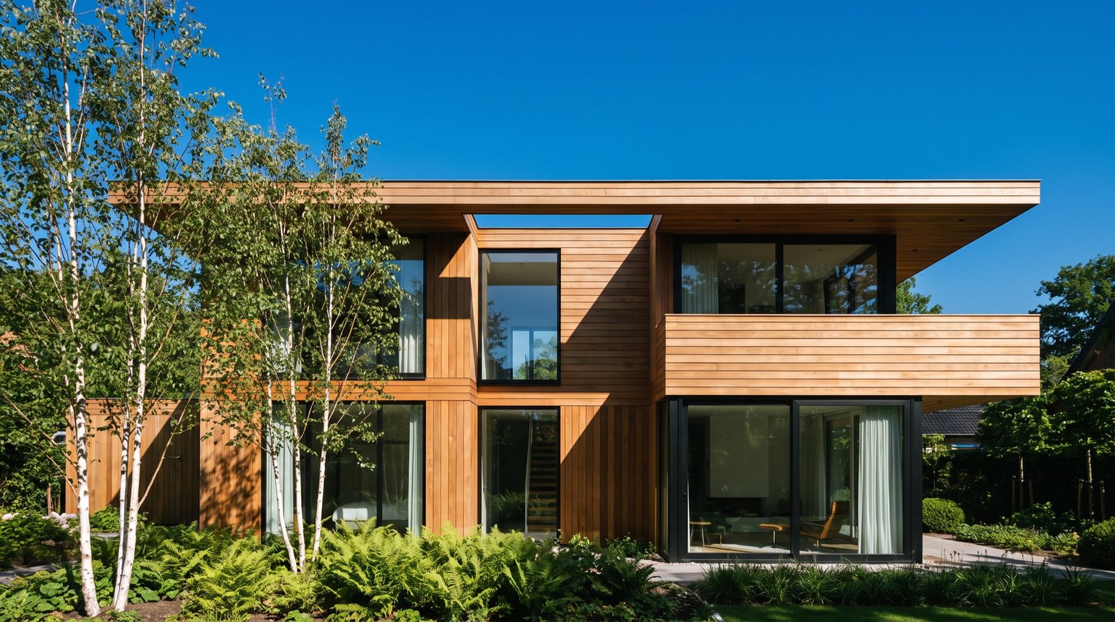 Modern house clad in warm cedar among birches under a deep blue sky