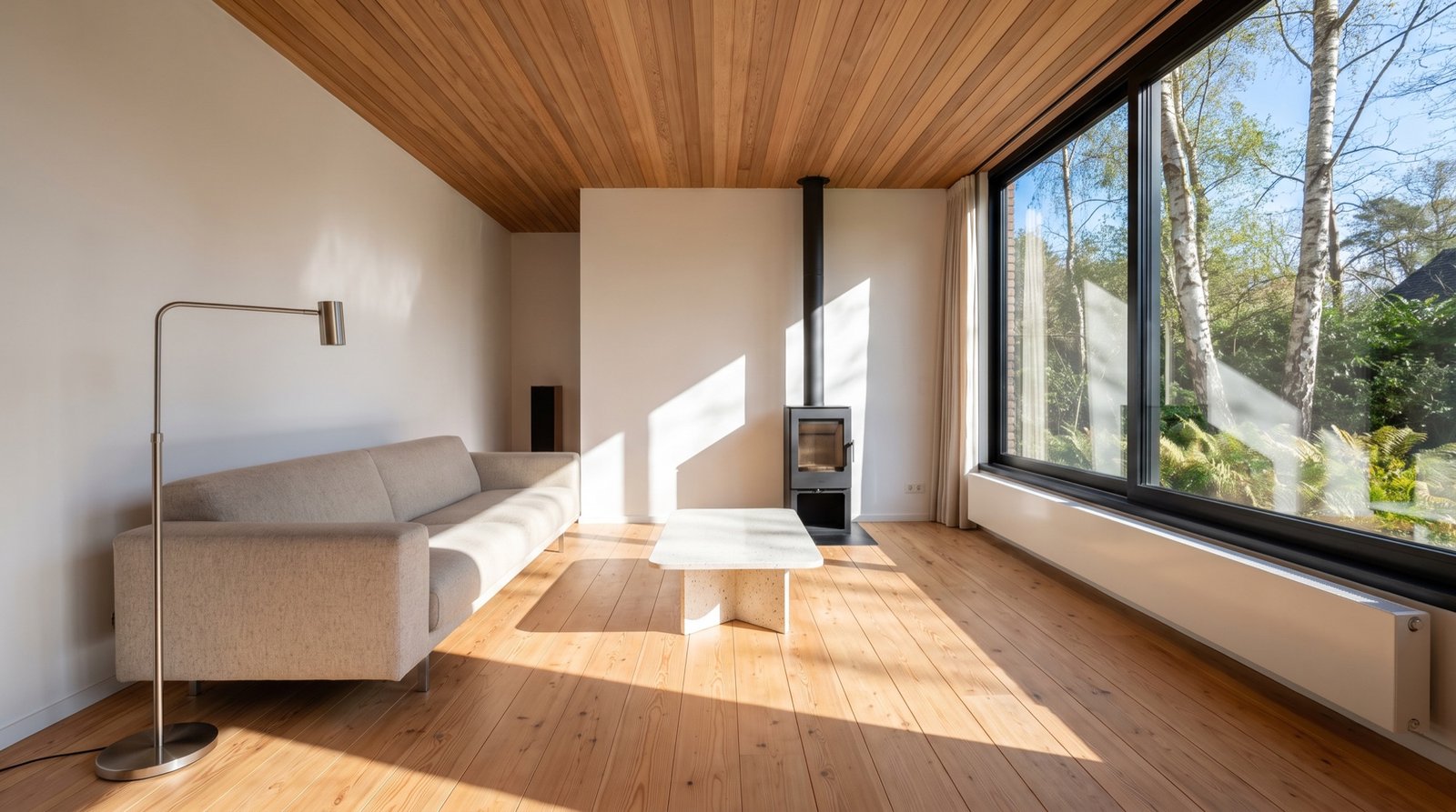 Living room with a cedar-lined ceiling, Douglas fir floor and a window onto birches