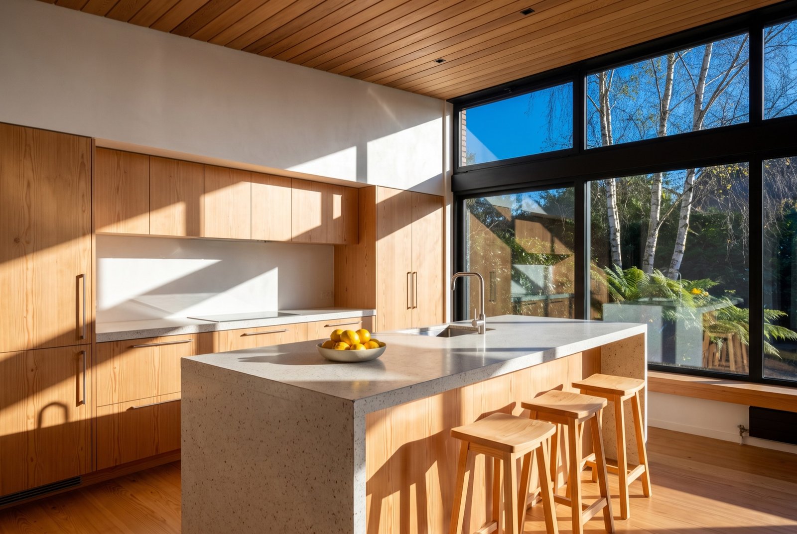 Kitchen in Douglas fir with a pale terrazzo island under a cedar ceiling and a window onto ferns
