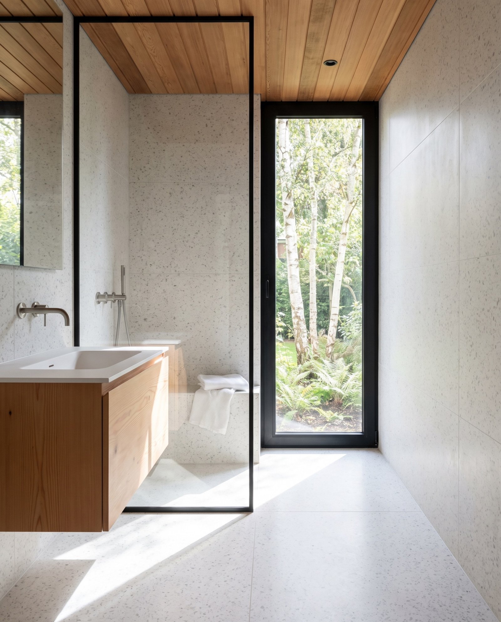 Bathroom in pale terrazzo with a Douglas fir vanity under a cedar ceiling