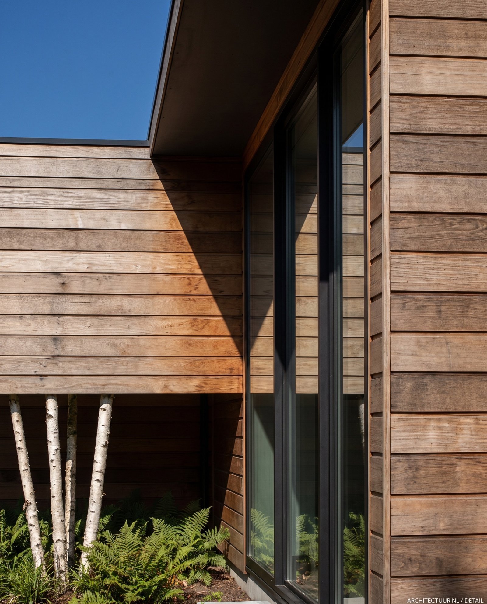 Corner of the house where cedar boards meet a black-framed window under the roof overhang