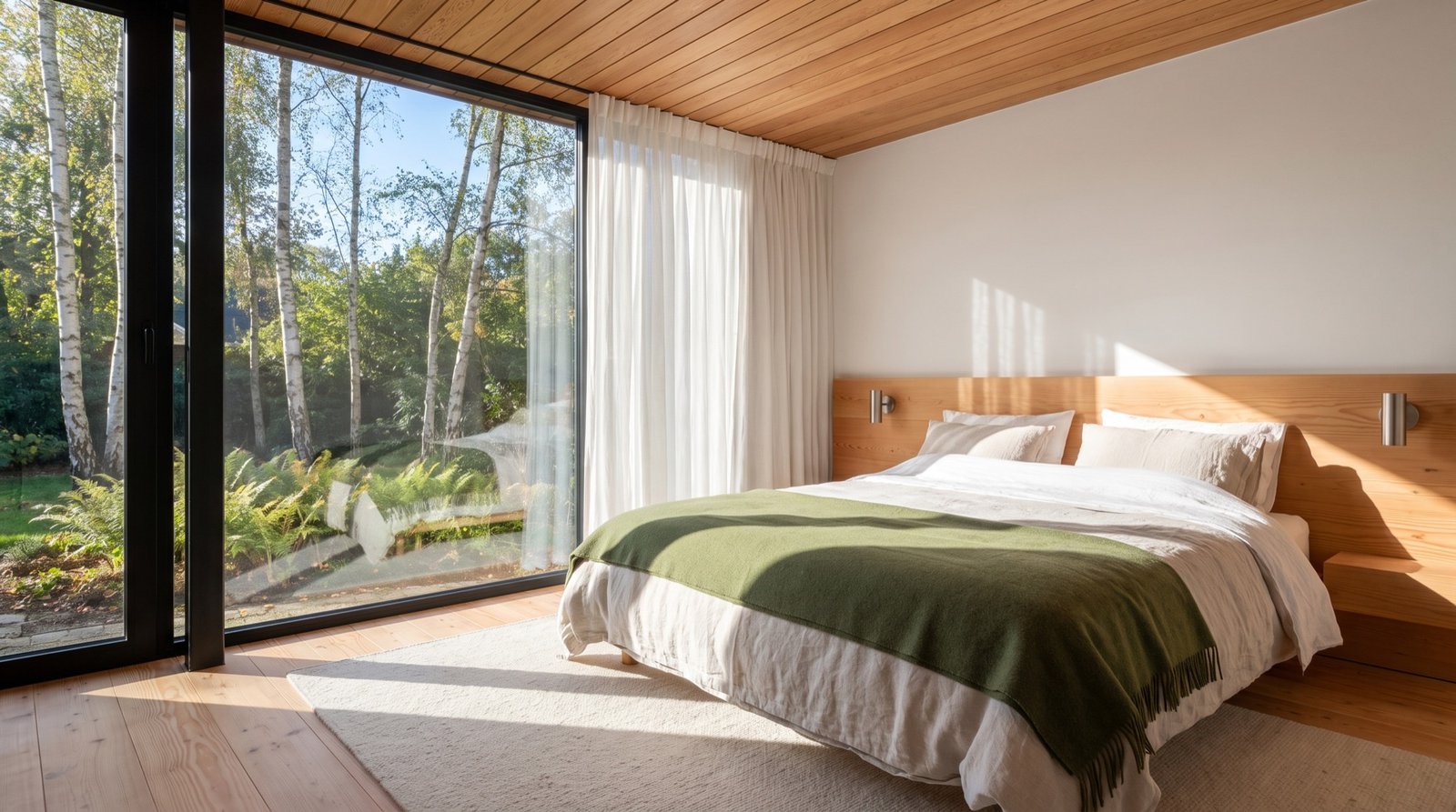 Bedroom with a cedar ceiling, Douglas fir headboard and a window onto birches