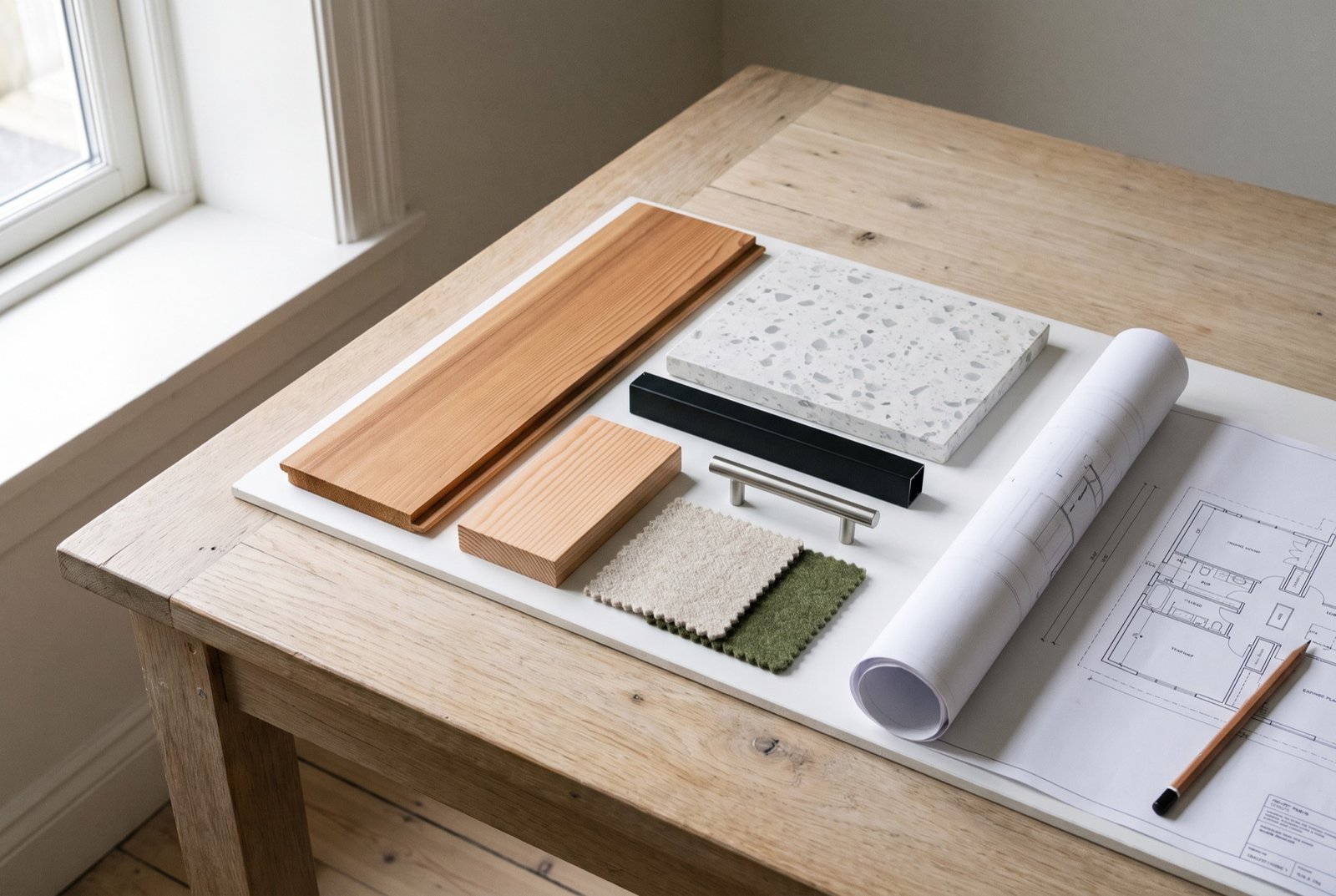 Material board on an oak table: cedar, Douglas fir, pale terrazzo, black steel, a stainless handle, oatmeal and moss-green wool, a floor plan