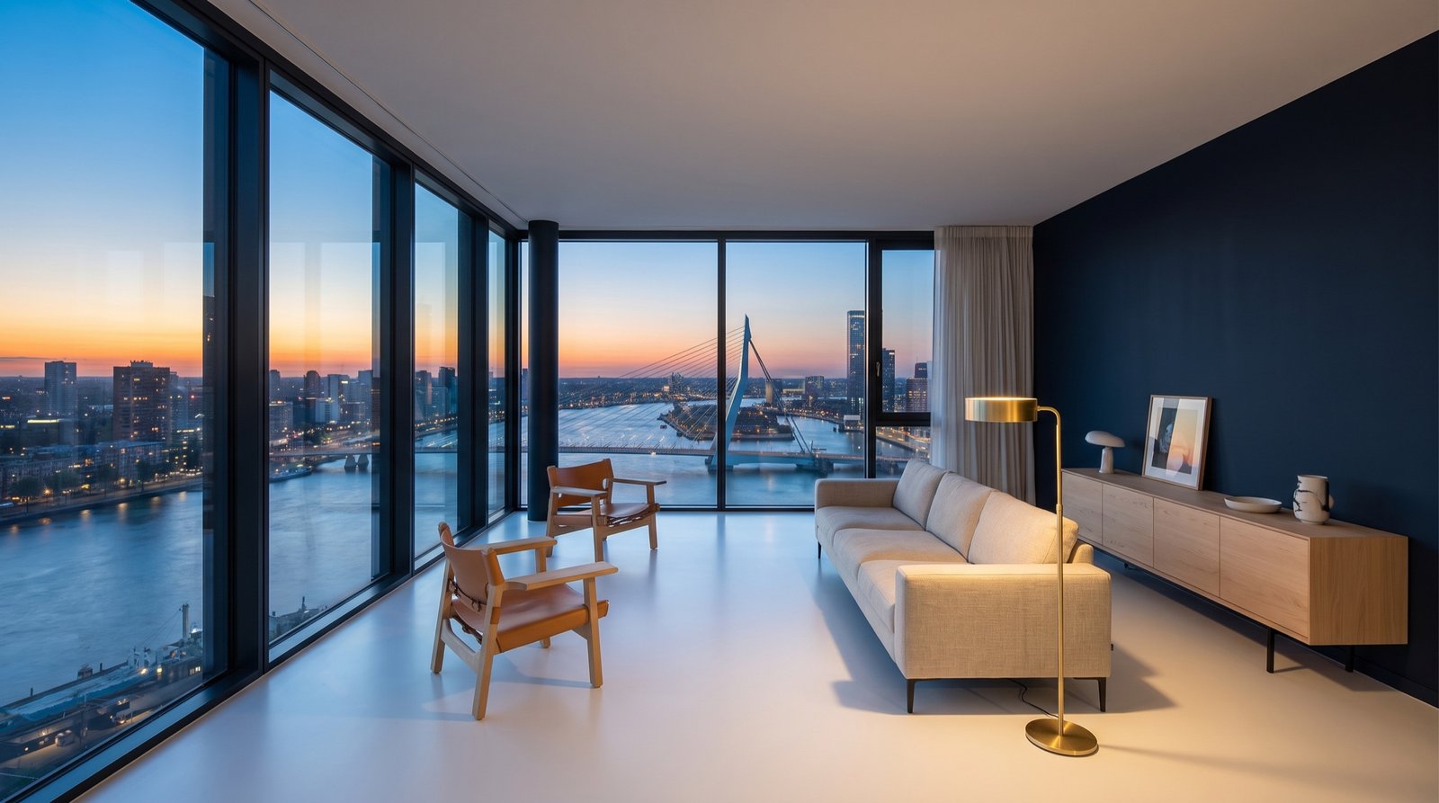 Penthouse living room at dusk with glass on two sides, the Maas river and a cable-stayed bridge far below