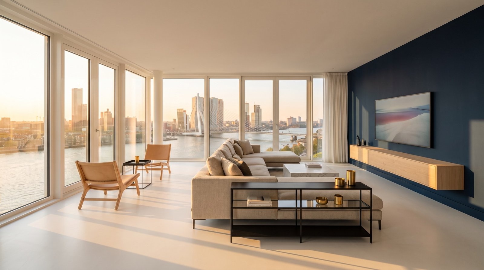 Living room in golden-hour sun with a glass wall onto the Rotterdam skyline and a night-blue wall