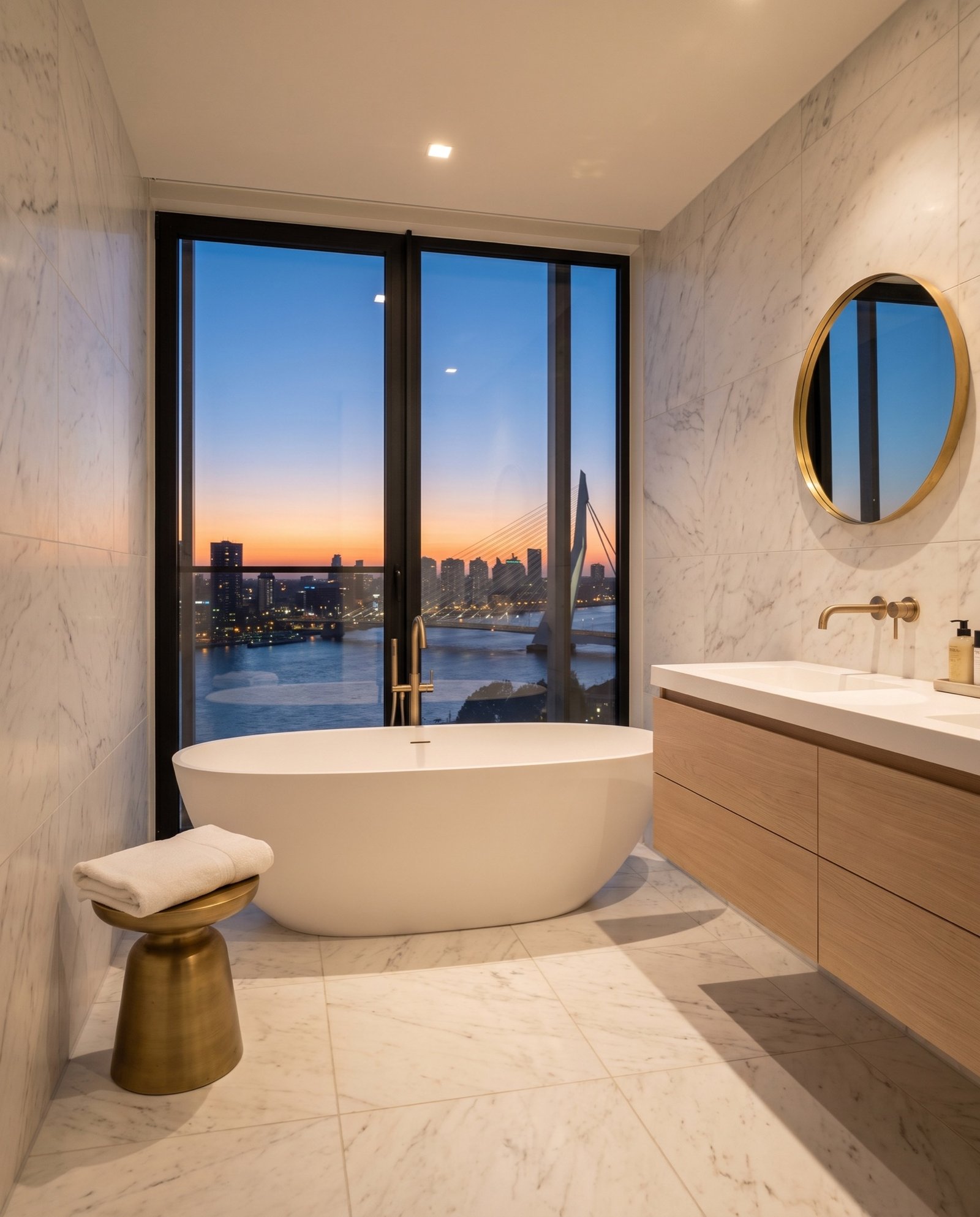 Marble bathroom with a freestanding bath in front of a window over the river at dusk