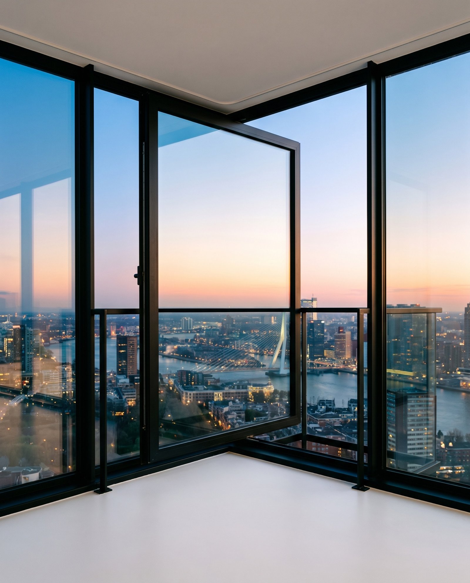 Large pivot window swung open at sunset with the lit city and river far below