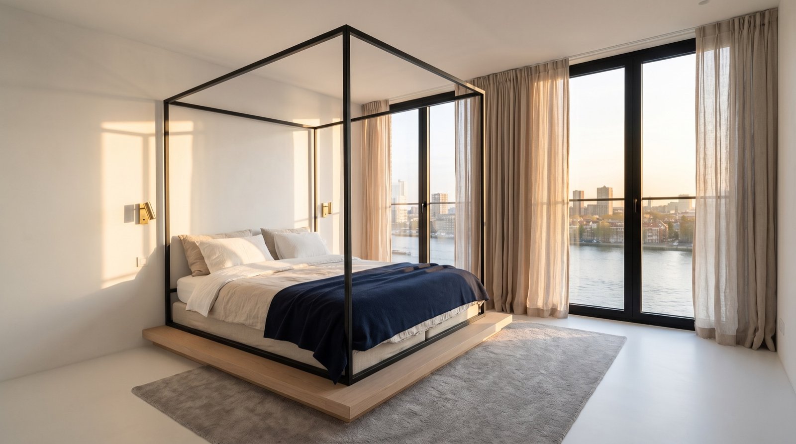 Bedroom with a black steel four-poster bed on an oak platform, skyline through the window