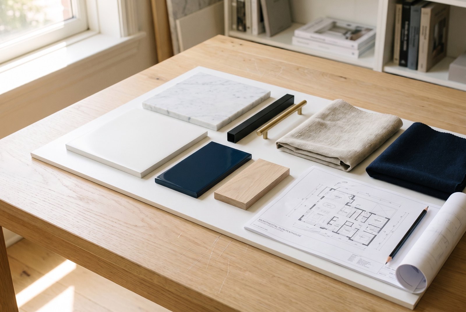 Material board on an oak table: white resin, white marble, night-blue lacquer, pale oak, black steel, brass, linen and wool, a floor plan