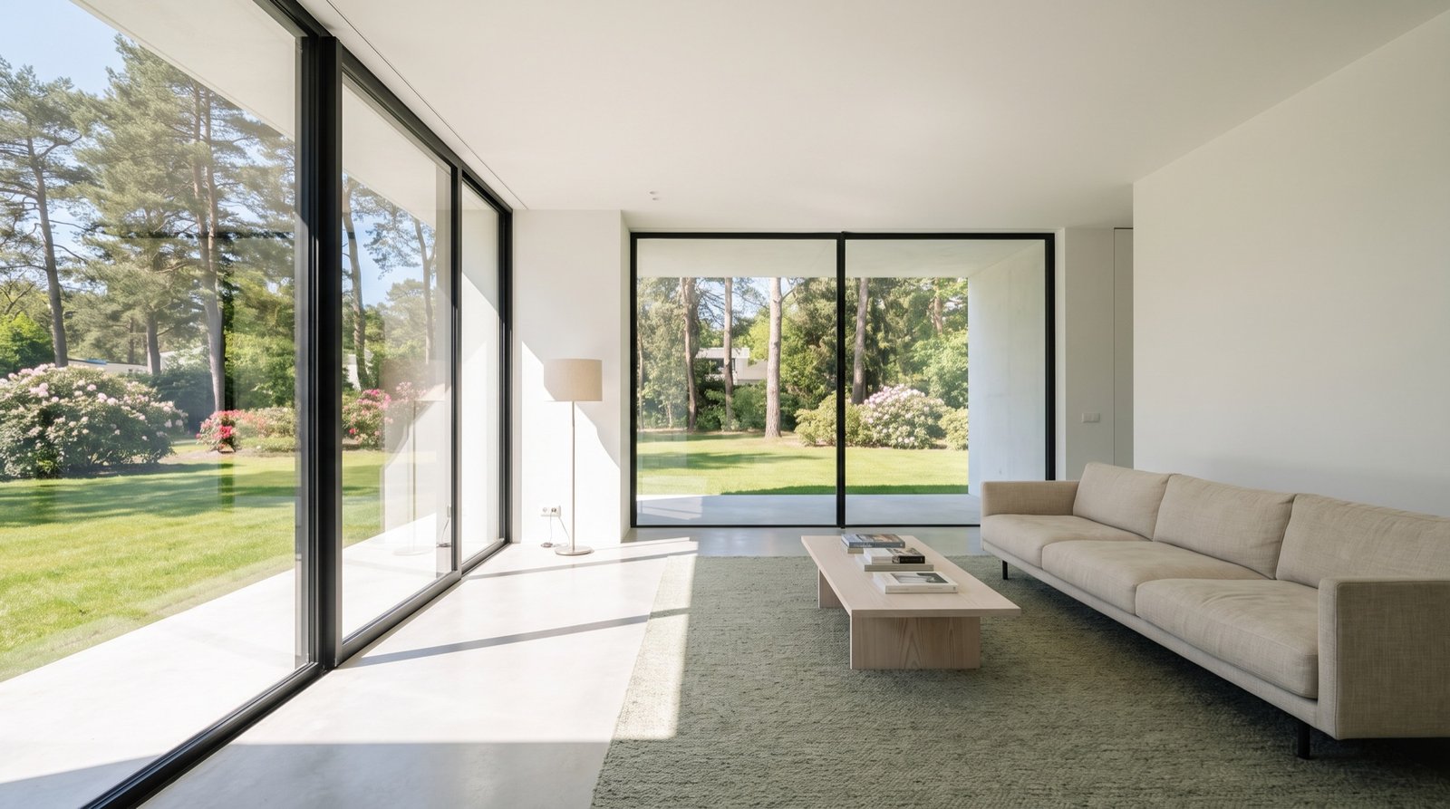 Living room with glass walls on two sides, a polished concrete floor and pines beyond the lawn