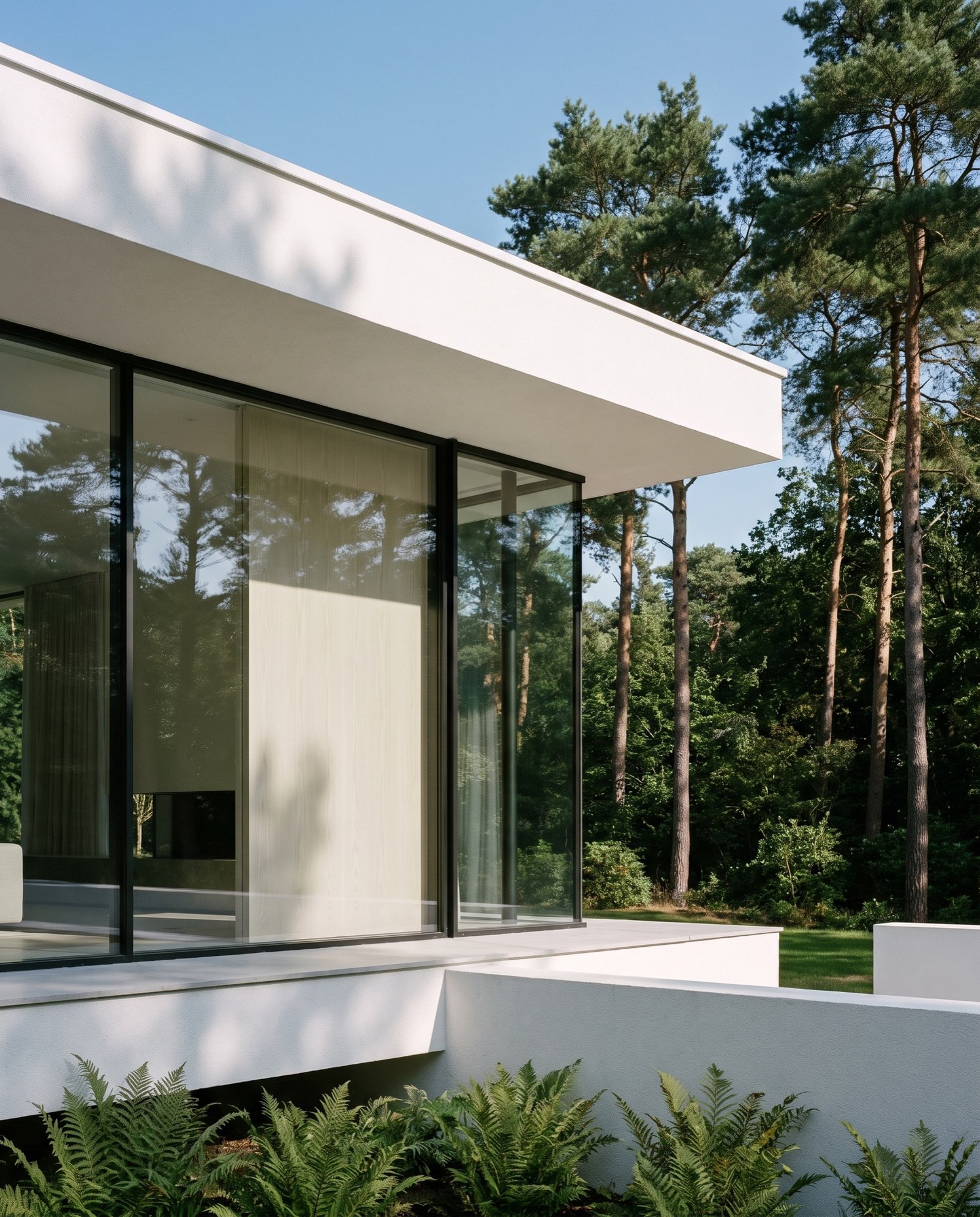 Corner of the flat roof slab over a glass wall with the sunken terrace below