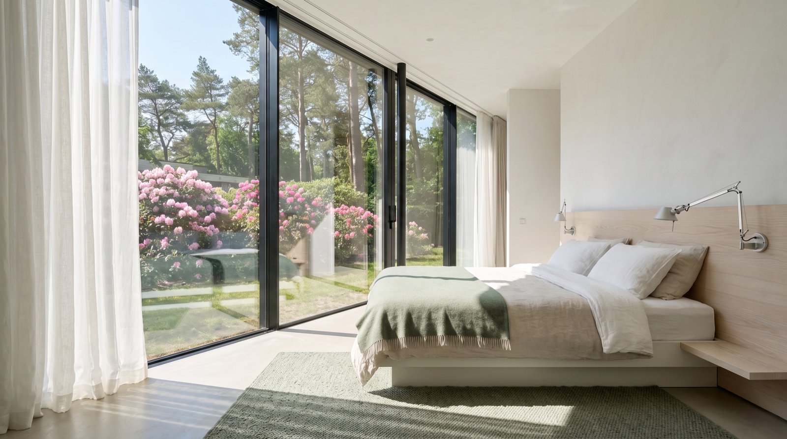 Bedroom with a glass wall onto rhododendrons, linen bedding and an ash headboard