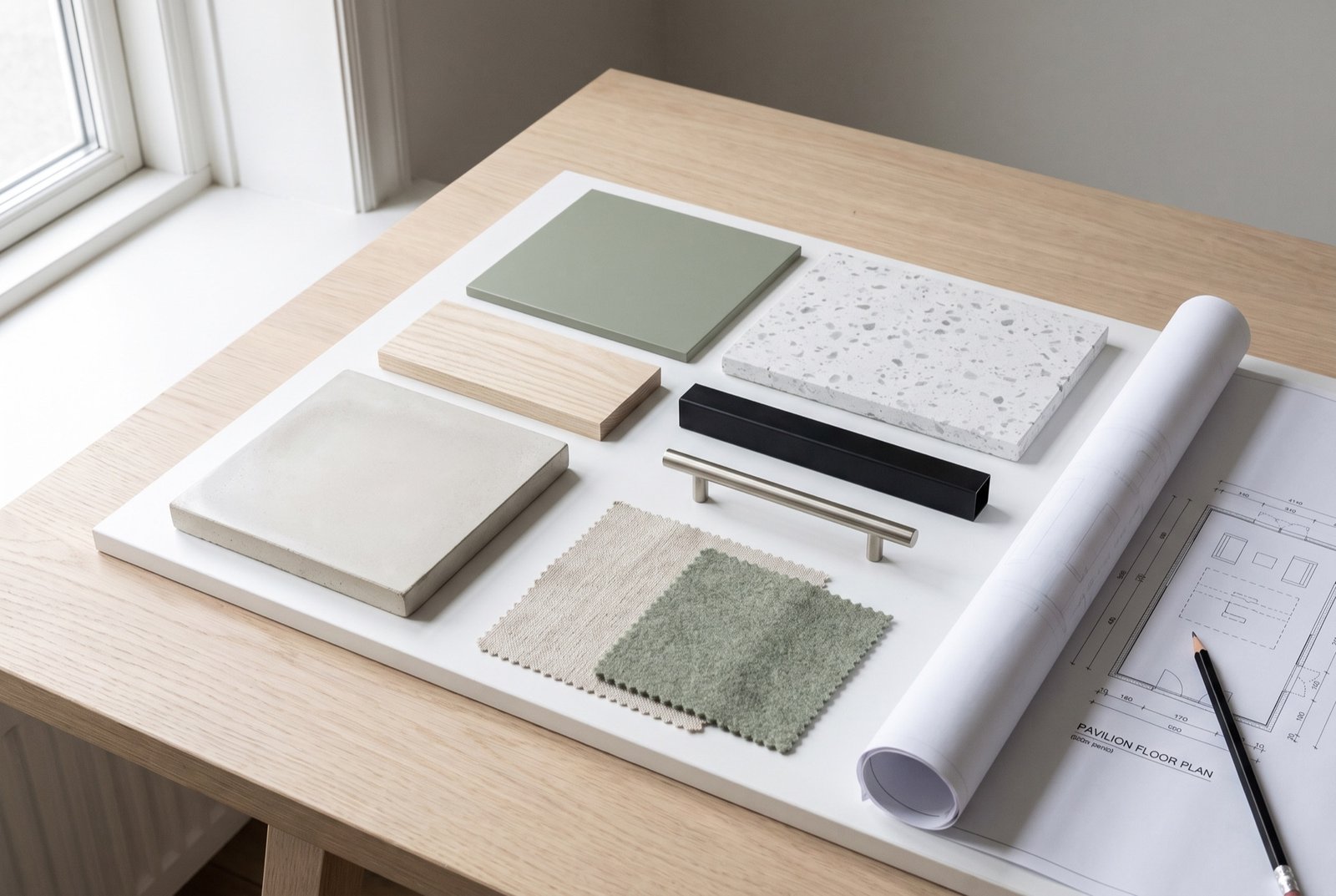 Material board on an oak table: polished concrete, ash, sage-green lacquer, white terrazzo, black steel, a nickel handle, linen and wool, a floor plan