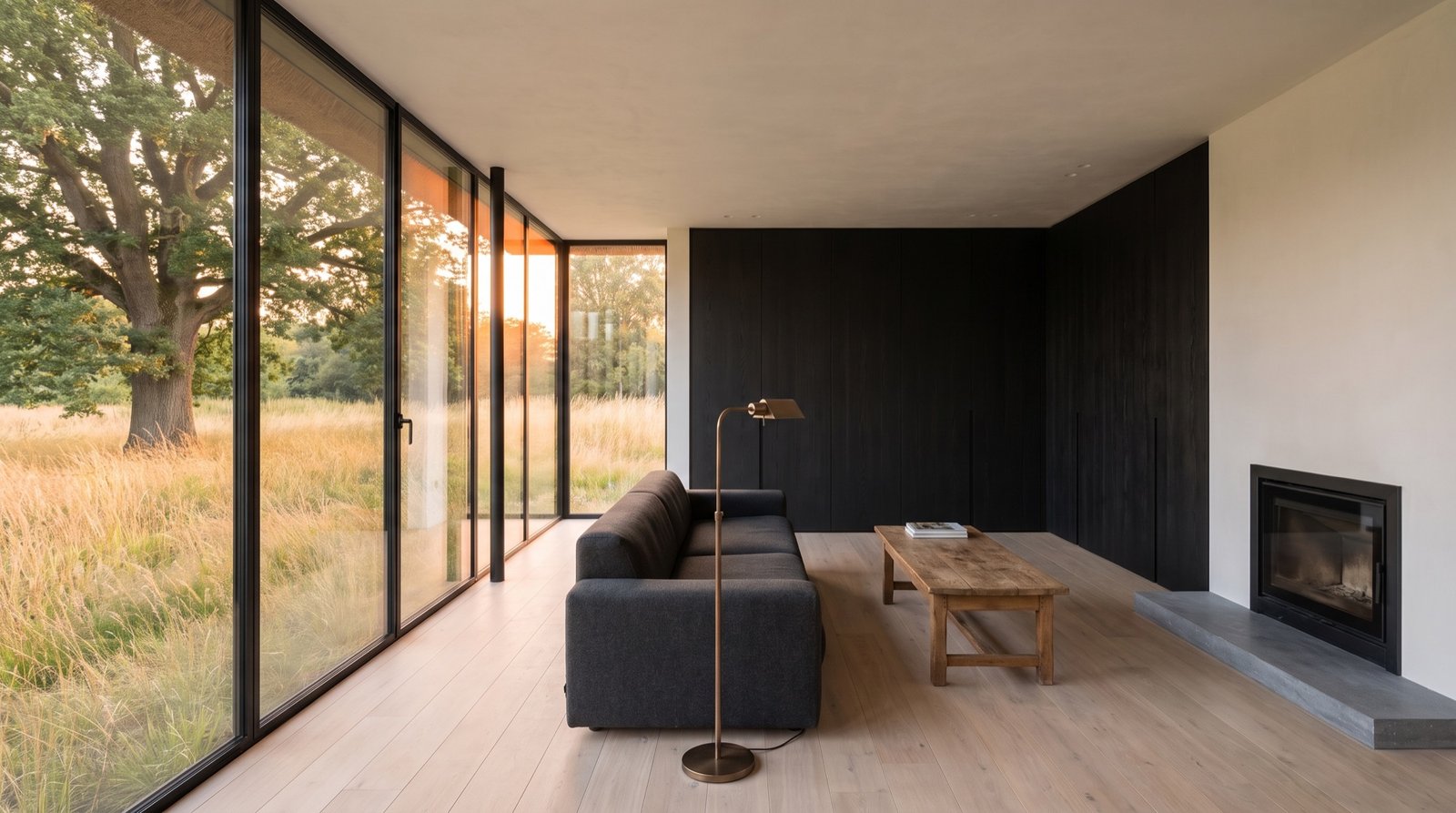 Living room with a wide glazed wall onto a meadow and an old oak at sunset, black-stained oak joinery