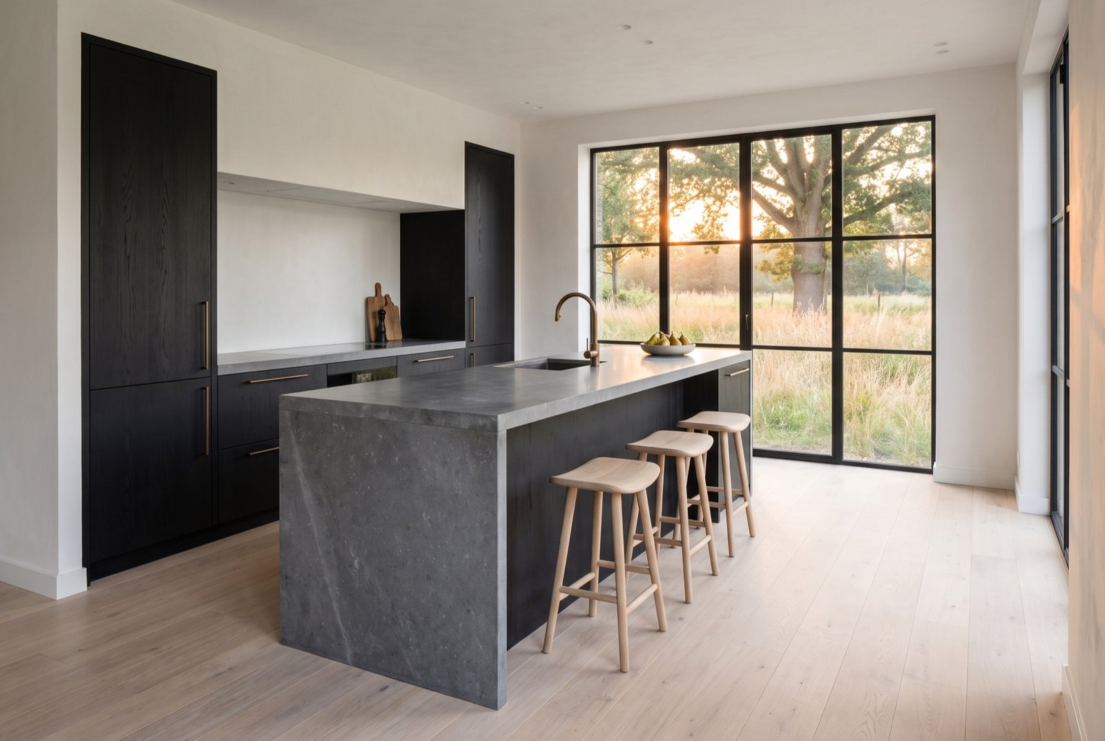 Kitchen in black-stained oak with a Belgian bluestone island and a window onto meadow grasses
