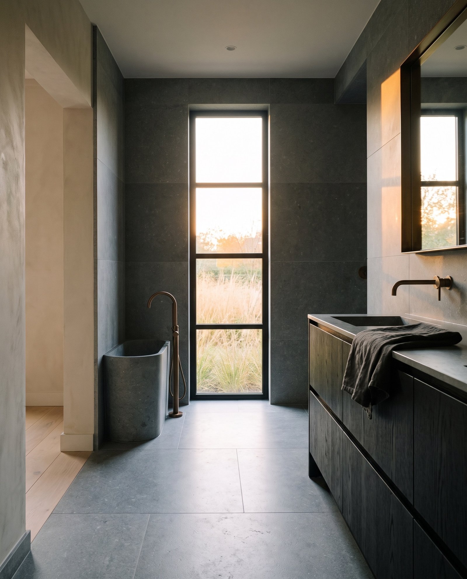 Bathroom in grey Belgian bluestone with a black oak vanity and bronze taps in low sun