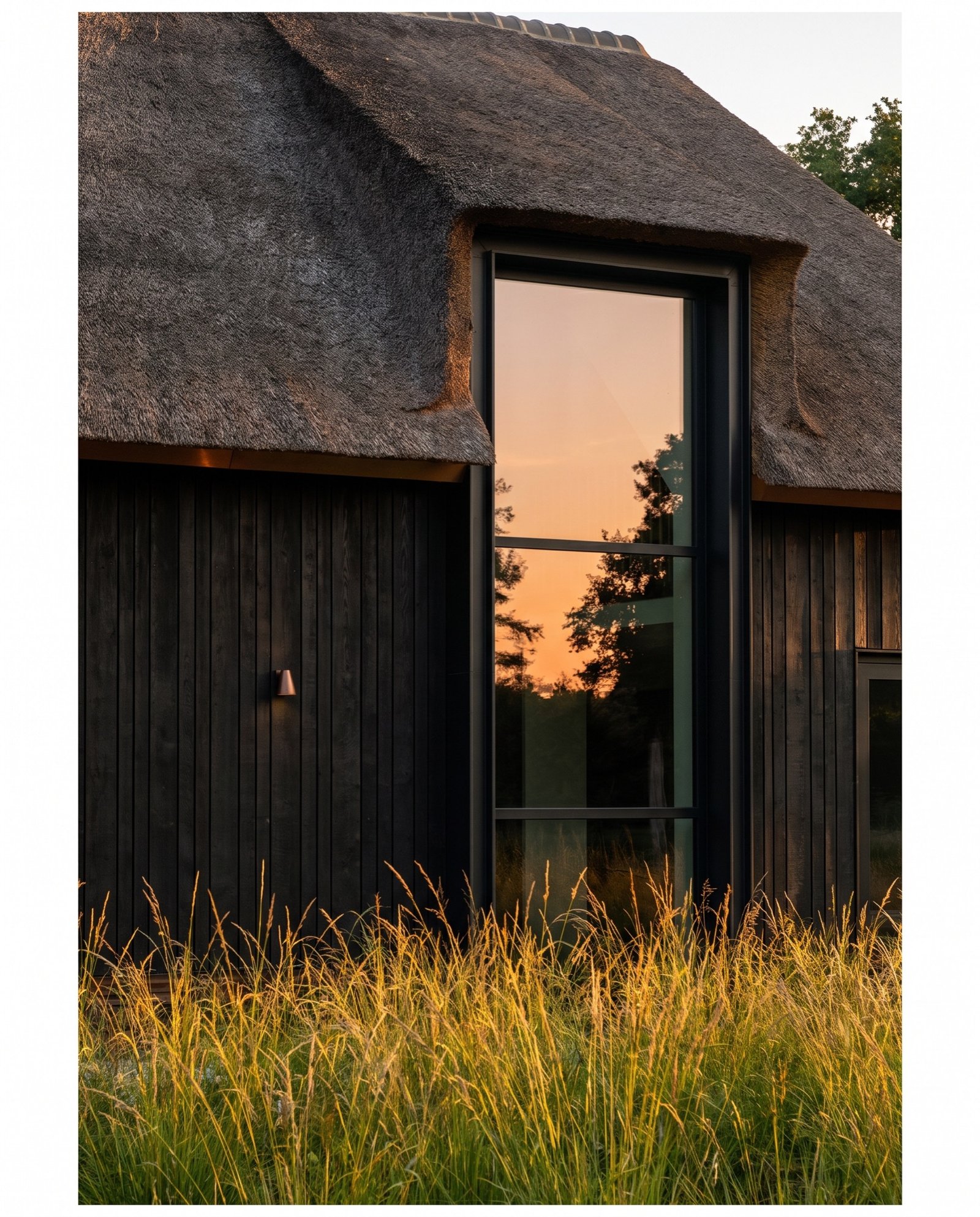 Edge of the thatched roof meeting black-stained timber boards and a steel-framed window at sunset