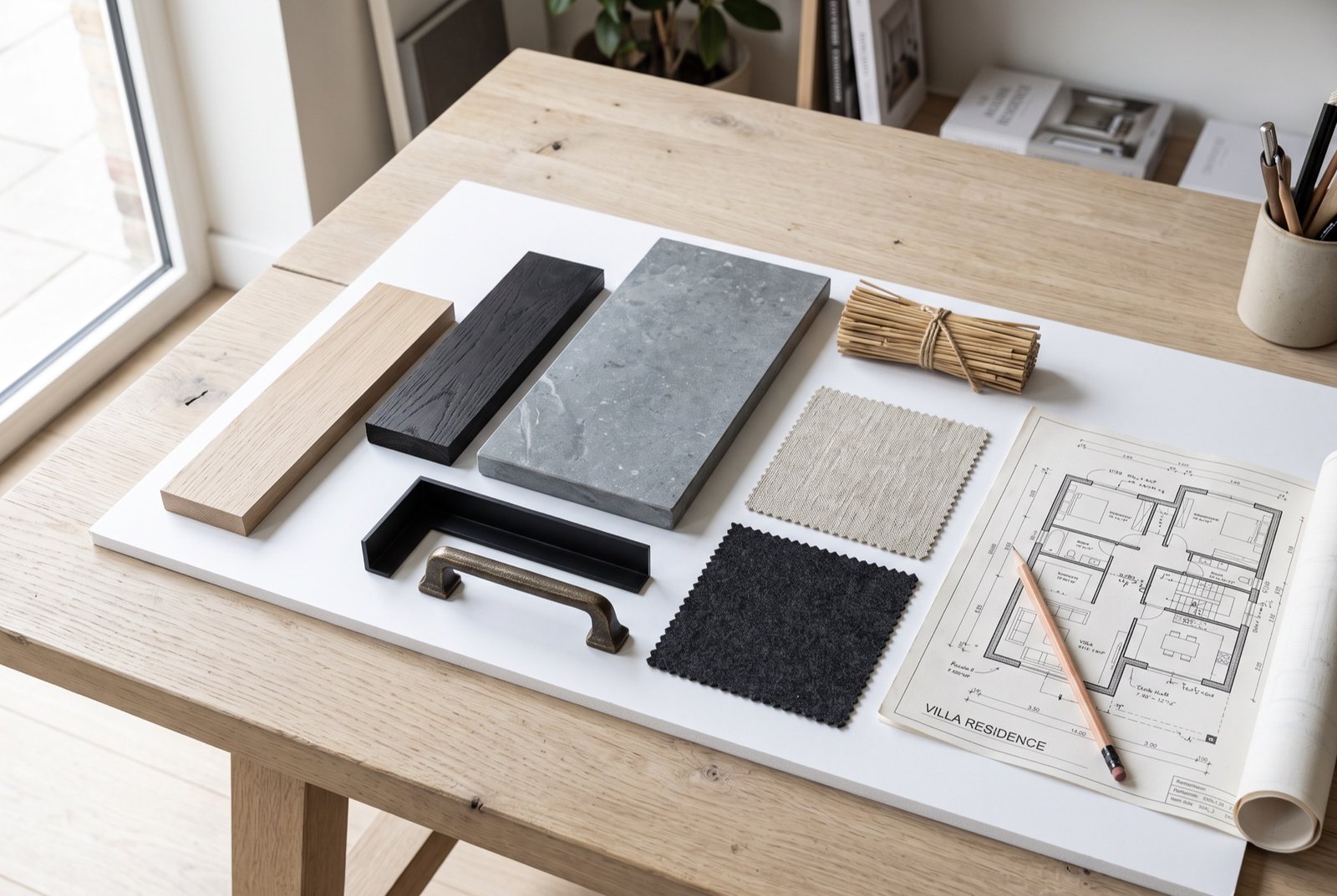 Material board on an oak table: pale oak, black-stained oak, Belgian bluestone, a bundle of reed thatch, black steel, a bronze handle, linen and wool, a floor plan