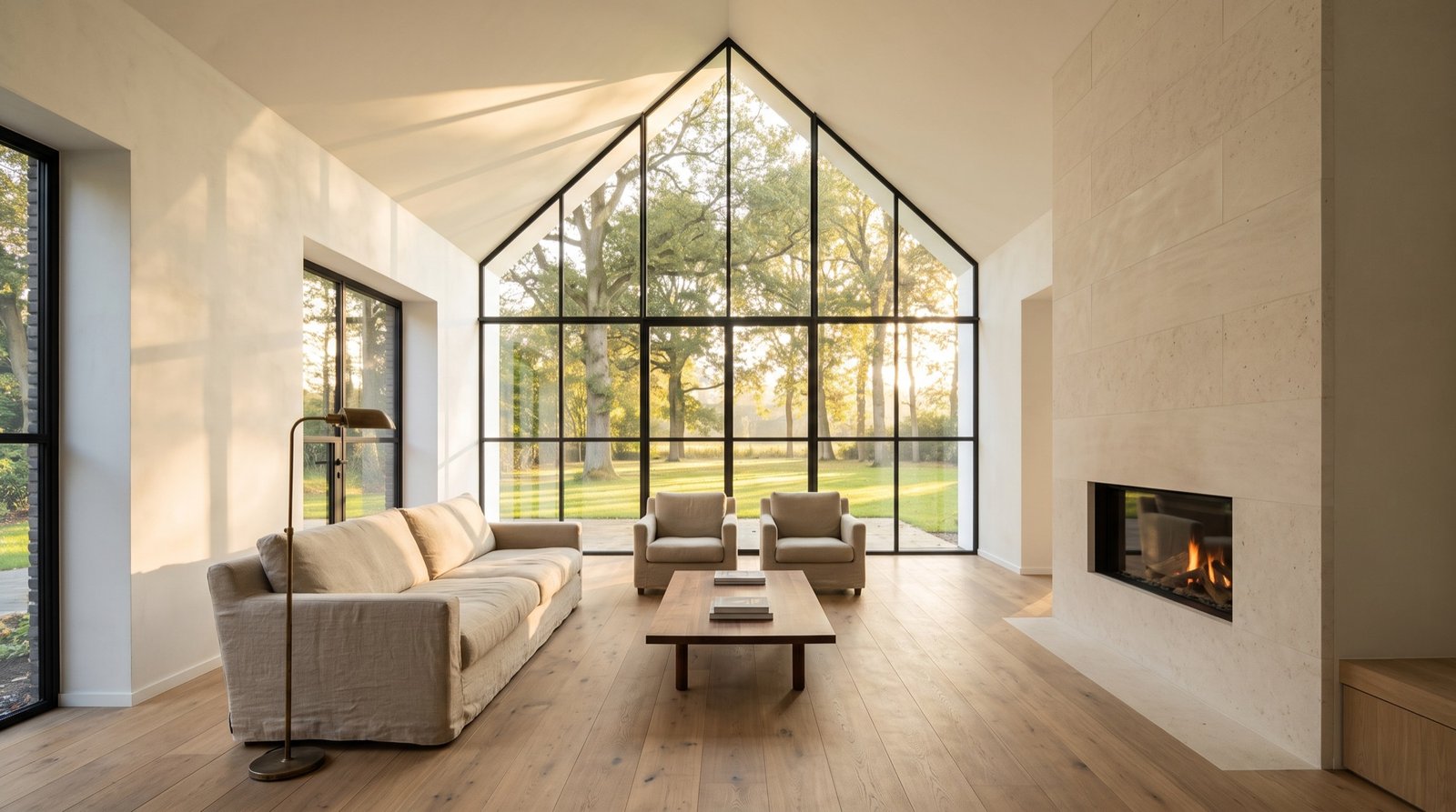 Double-height living room under a glazed gable looking onto old oak trees in low sun