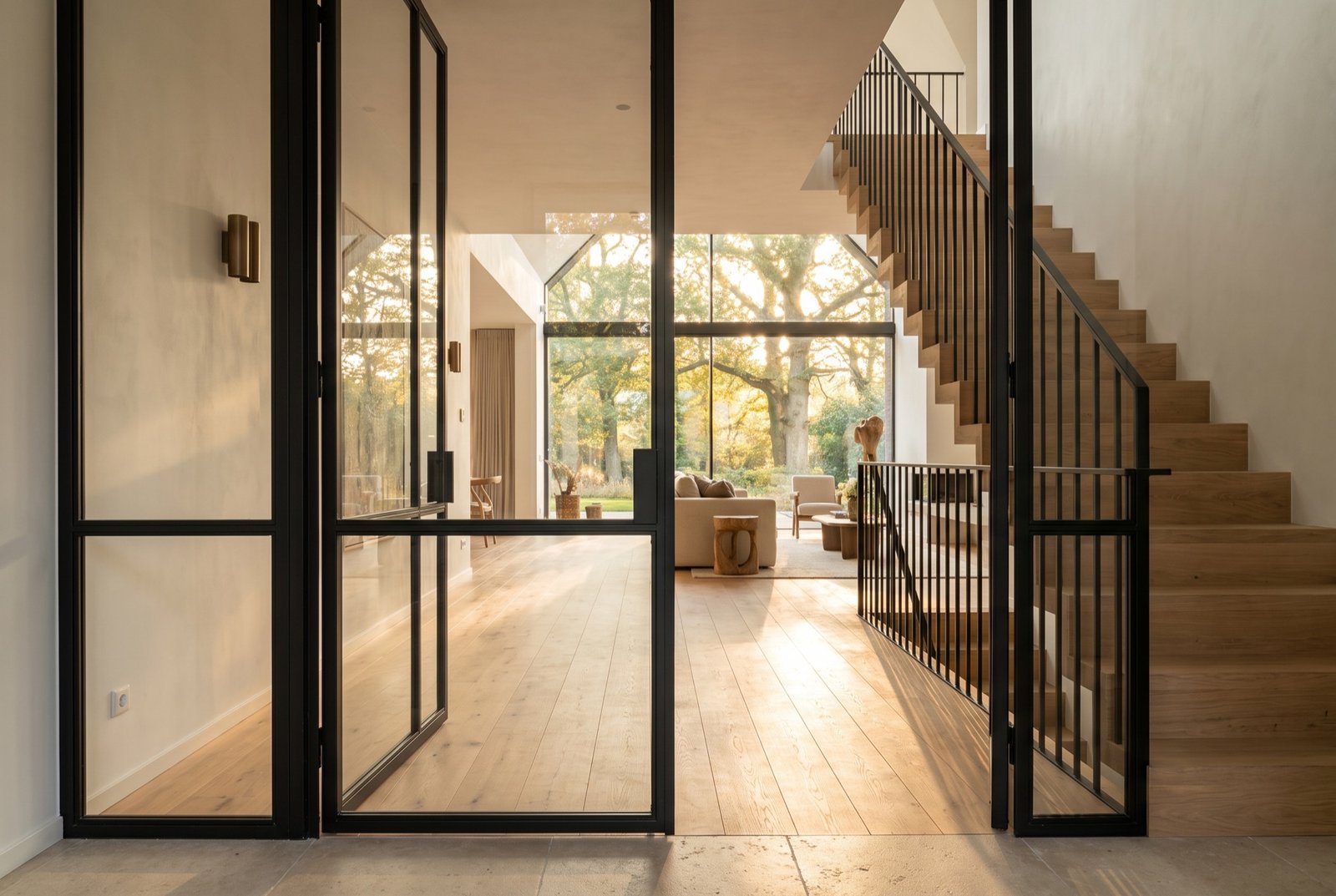 View from the entrance hall through the house to a glazed wall onto oak trees