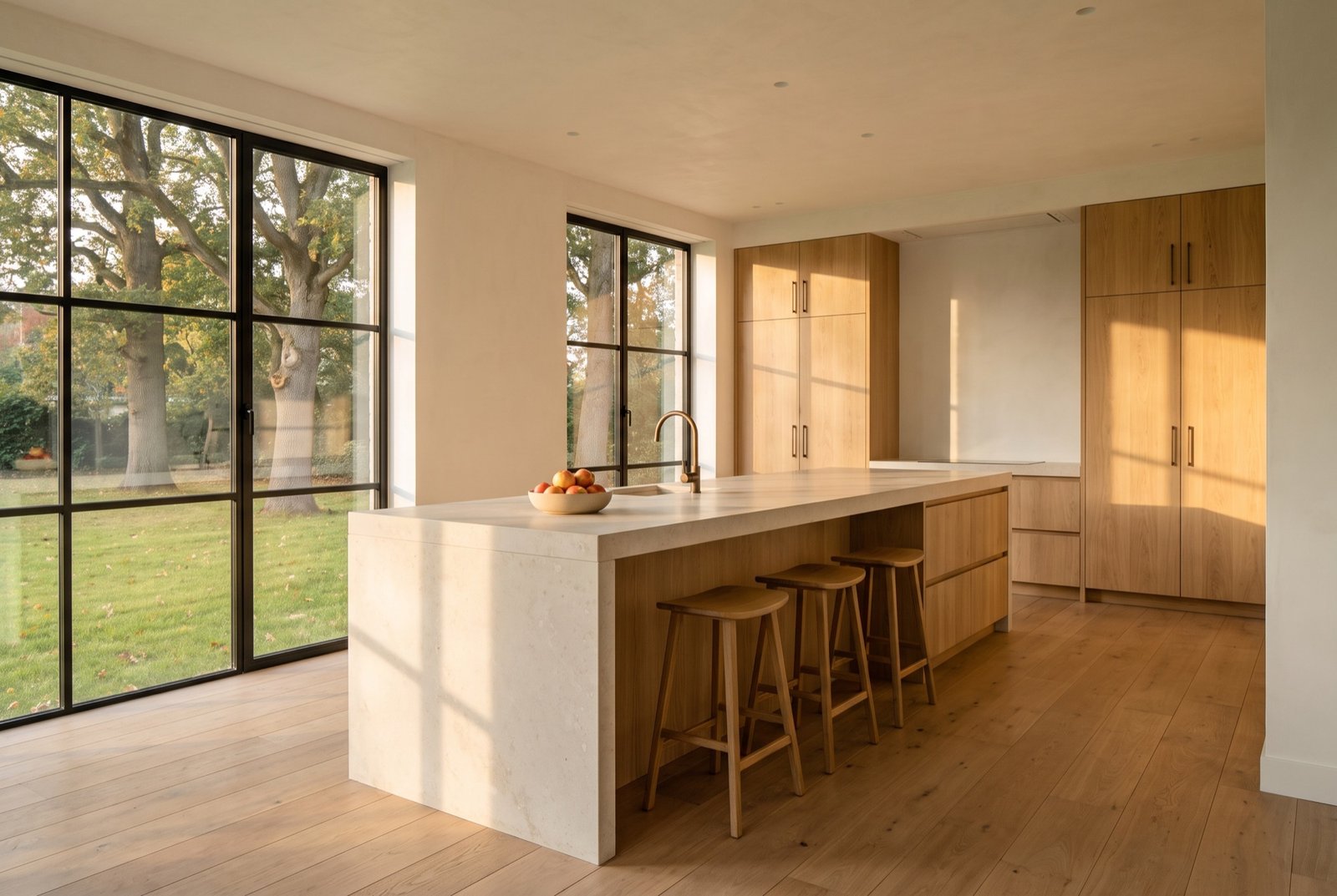 Kitchen with a limestone island and oak cabinetry under a window onto the lawn