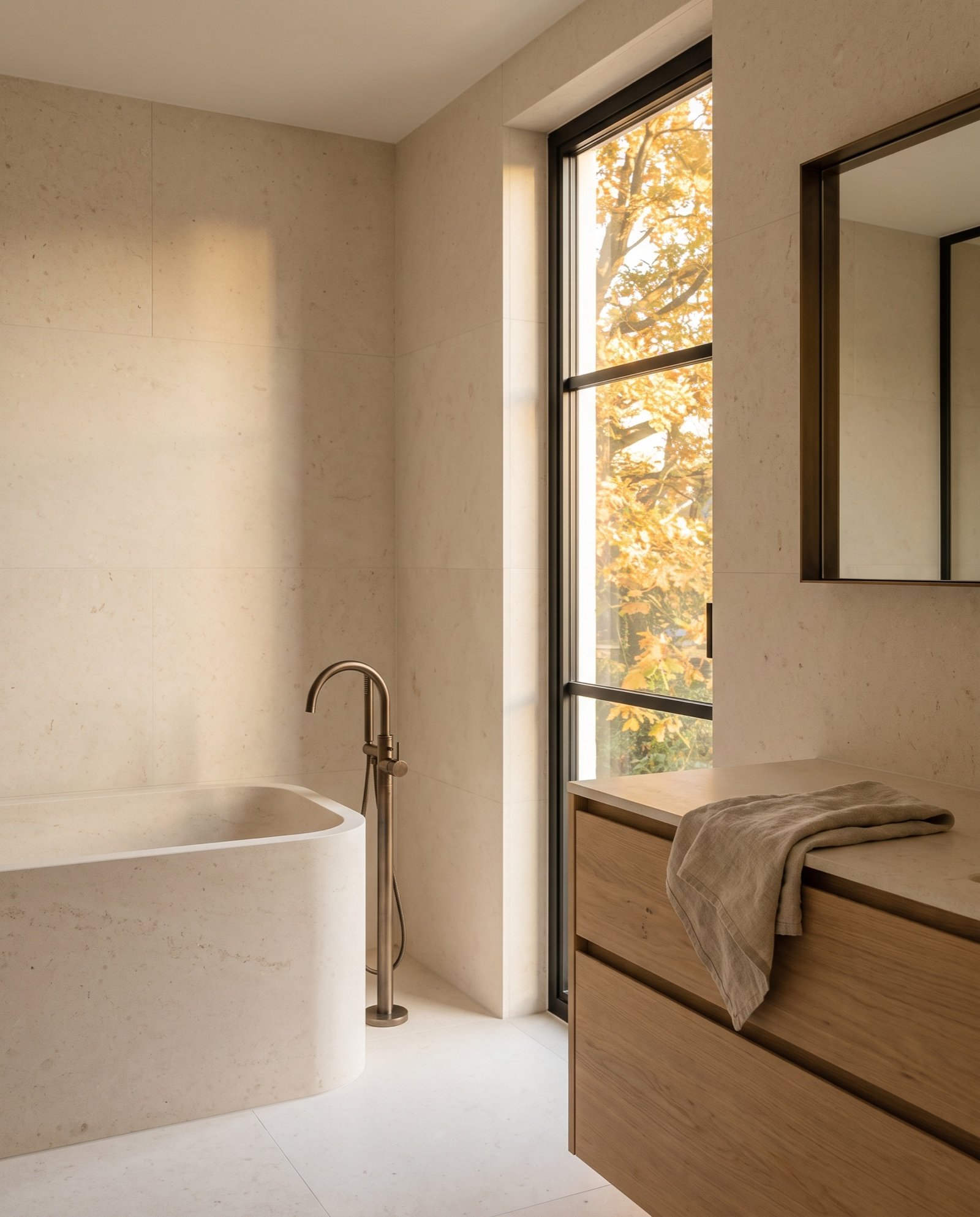 Bathroom in pale limestone with an oak vanity, bronze taps and a tall window into oak leaves