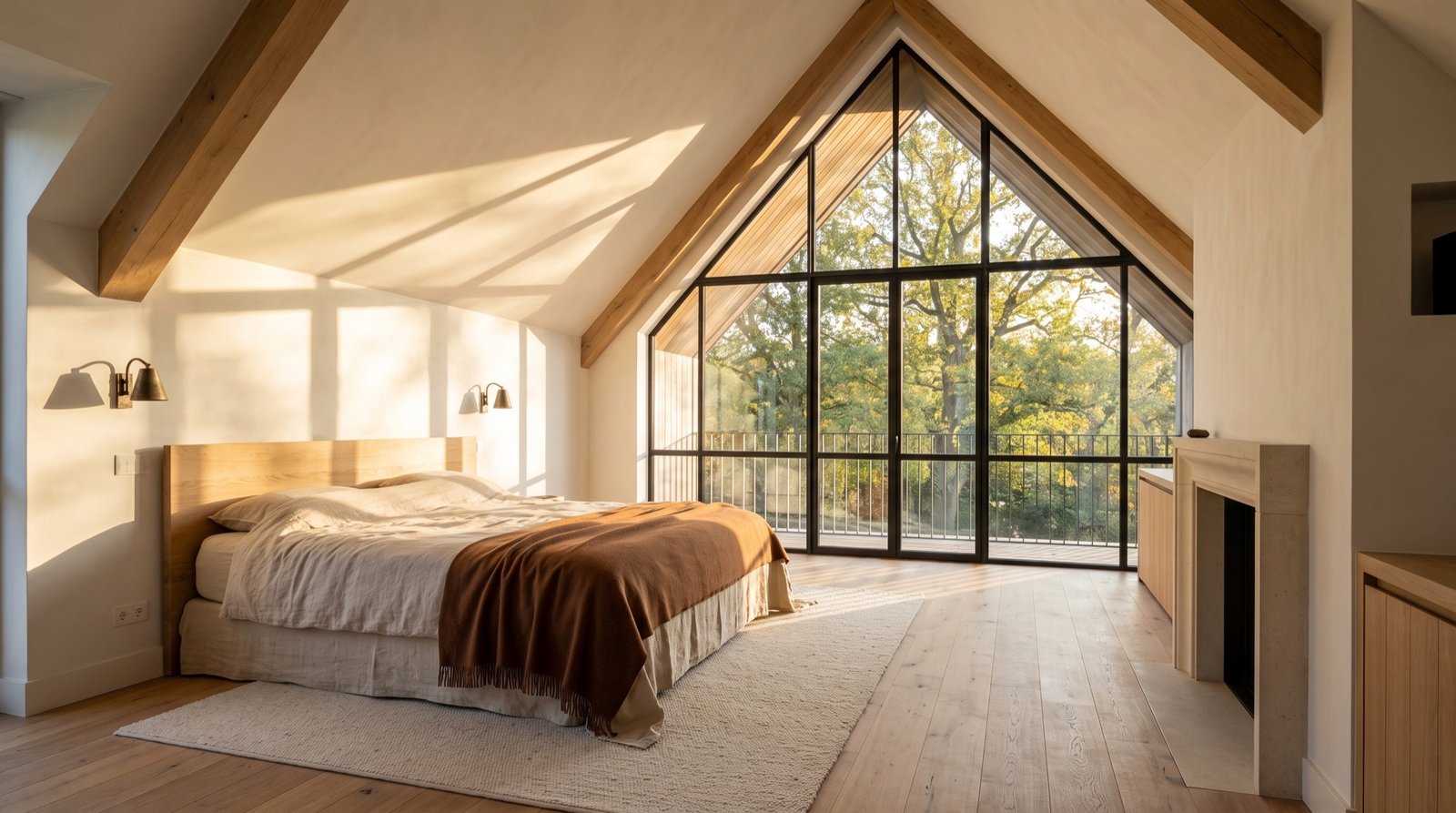 Bedroom under the zinc roof with a glazed gable end into the crowns of oak trees