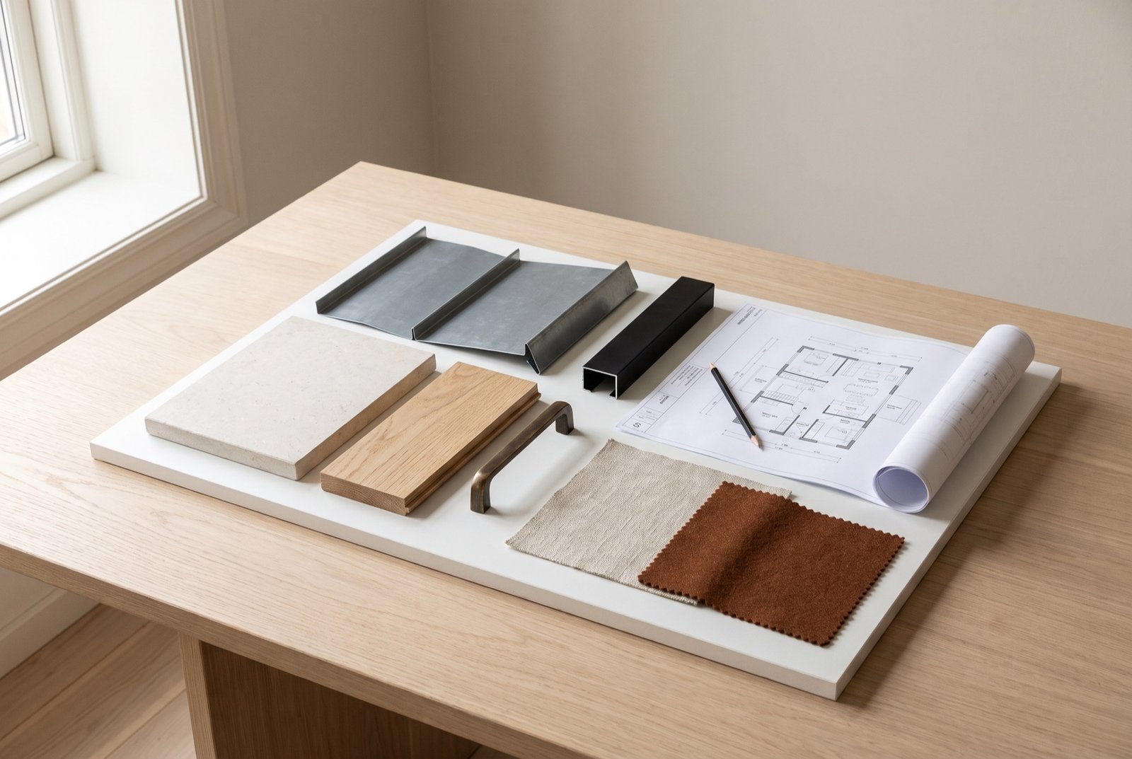 Material board on an oak table: limestone, oak, a sheet of zinc, black steel, a bronze handle, linen and wool, a floor plan