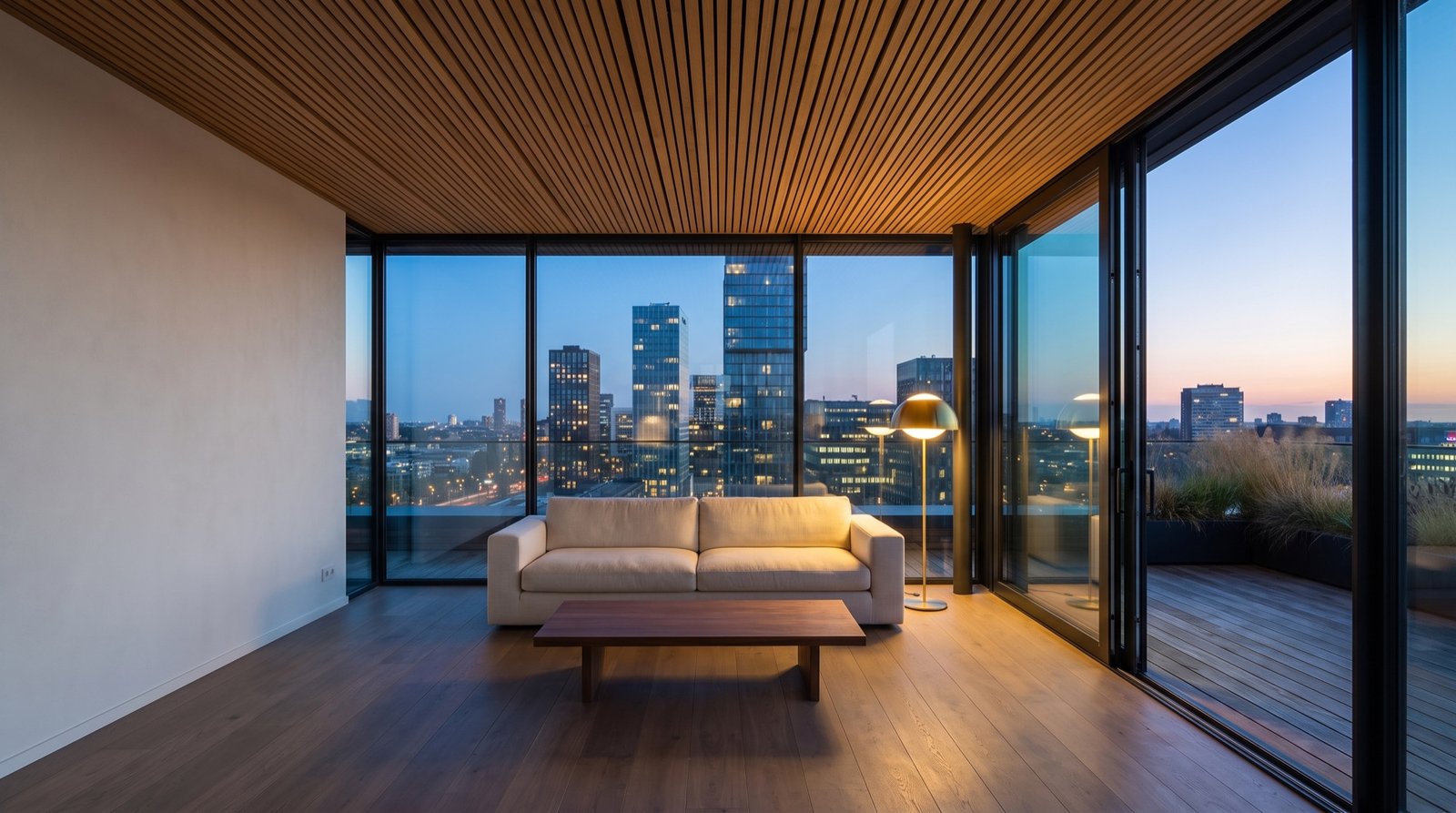 Living room with a slatted oak ceiling, two glass walls and the Zuidas skyline at dusk