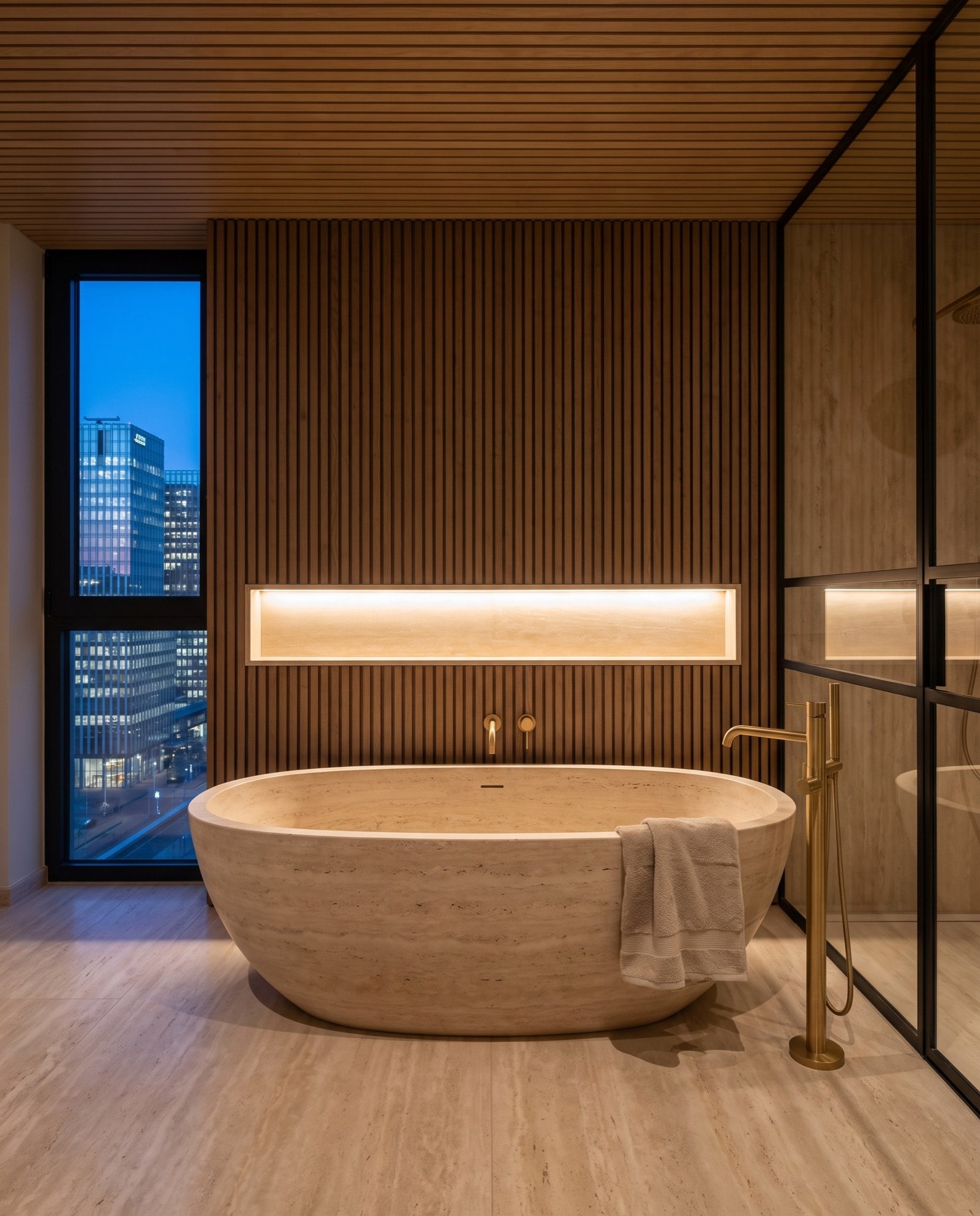 Bathroom with a travertine bath against a wall of smoked oak slats and one line of light