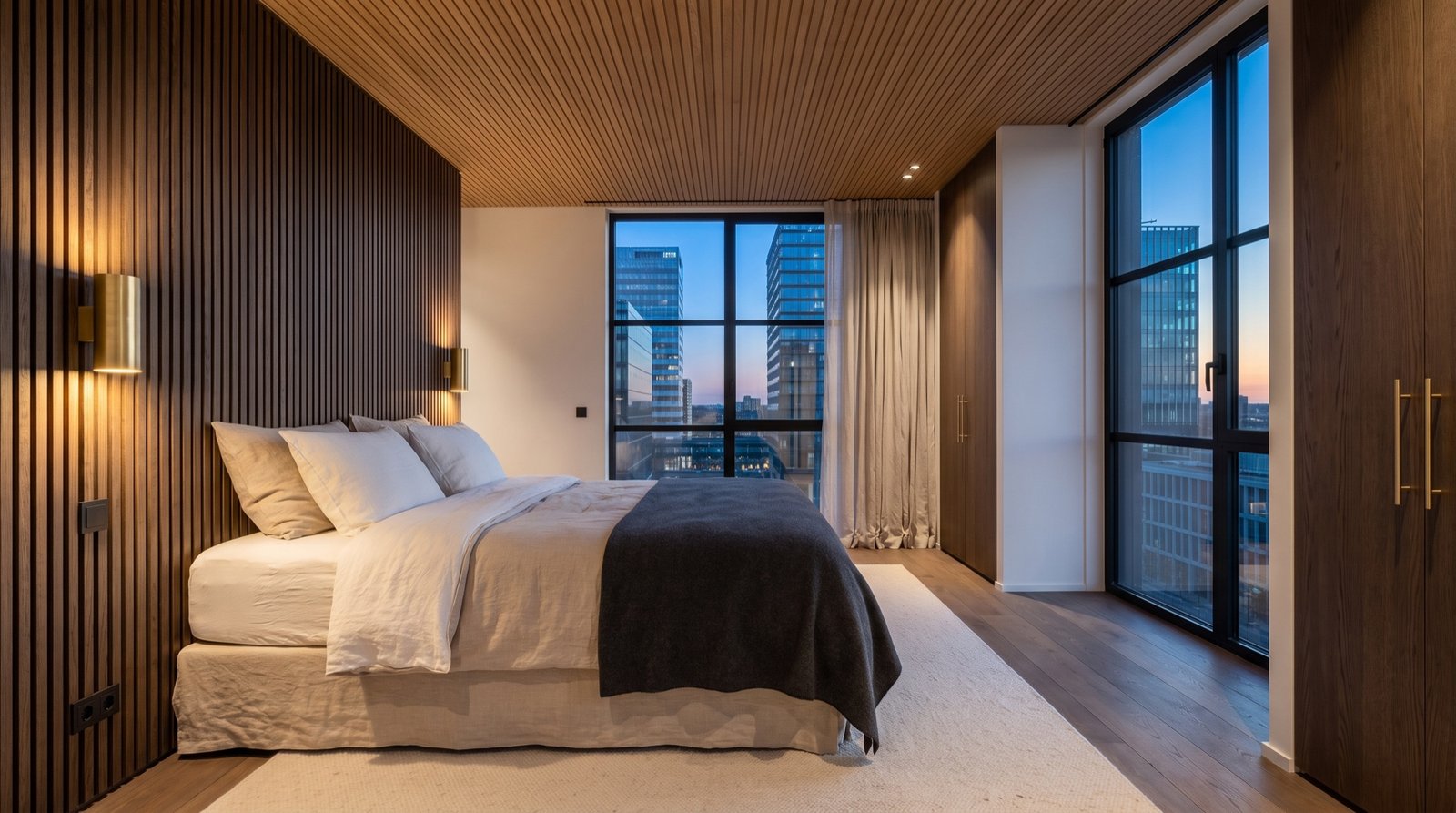 Bedroom with a smoked oak slatted wall, linen bedding and brass wall lights
