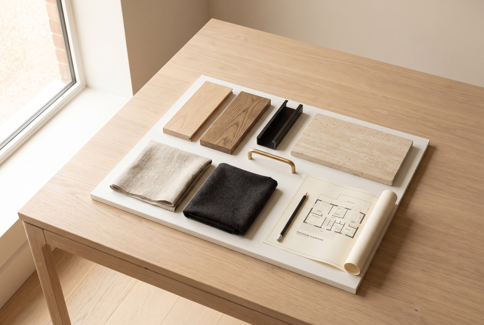 Material board on an oak table: oak and smoked oak offcuts, travertine, black steel, a brass handle, linen and wool, a floor plan