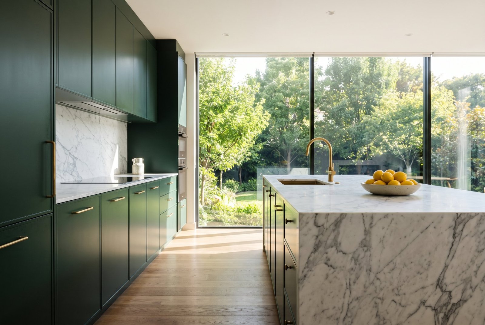 Forest-green kitchen with a marble island and a garden view