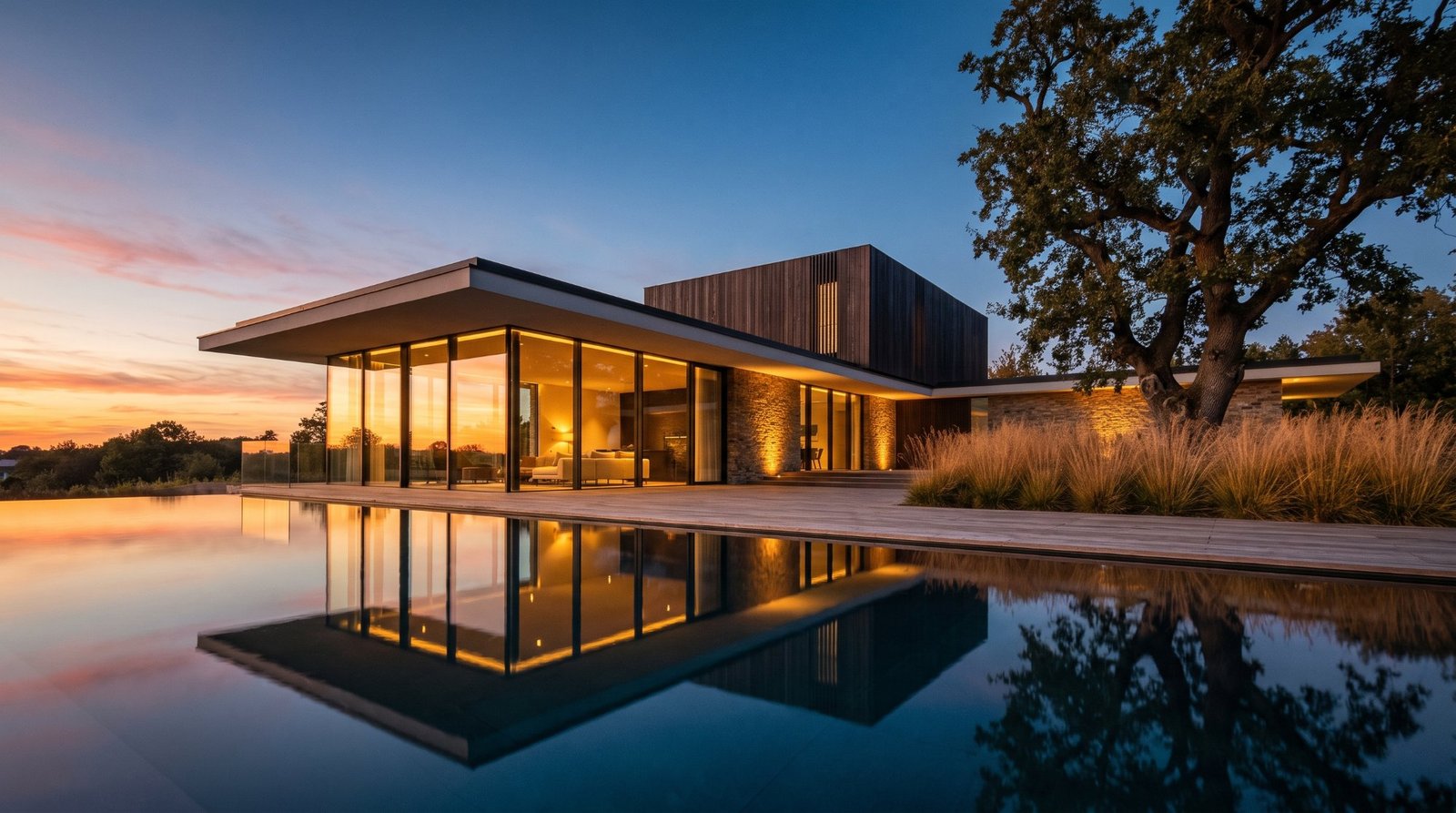 Modern villa with glass walls glowing at sunset, reflected in a pool