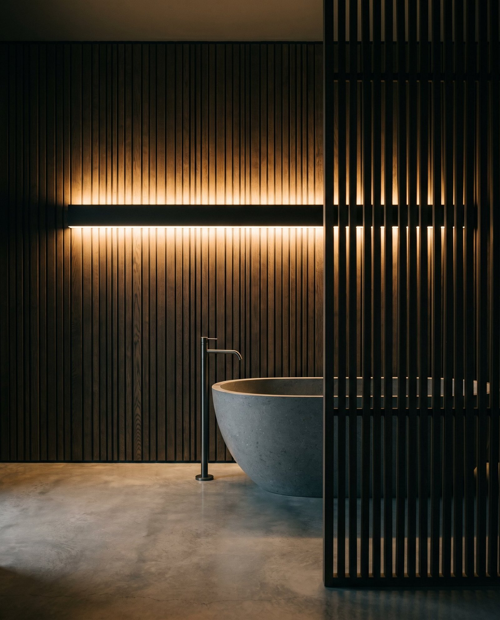 Dark slatted oak bathroom with a stone bath under a linear light